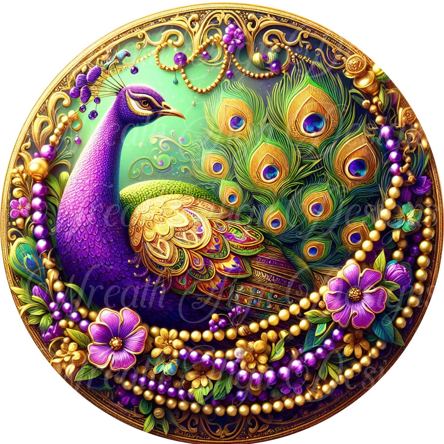 Mardi Gras Peacock round metal wreath sign, Carnival.  Fat Tuesday celebration sign, Louisiana wreath sign, wreath center, attachment