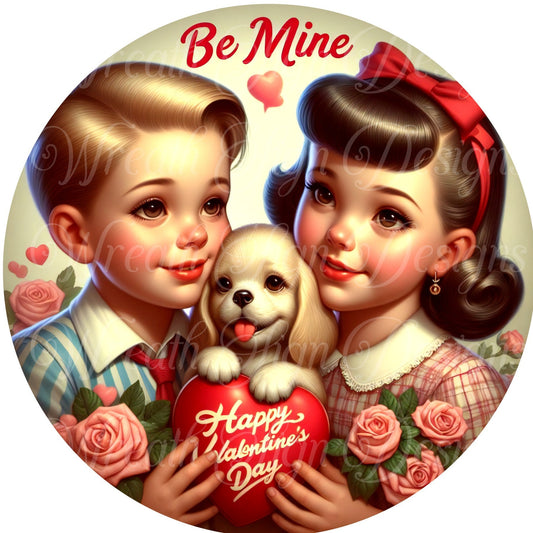 Retro look 1950s children in puppy love, Valentines Day wreath sign. roses, Hearts,  Wreath center, attachment, Plaque,