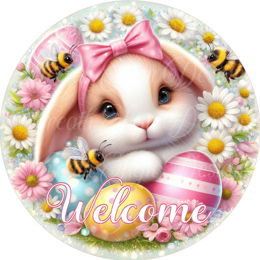 Welcome Easter Bunny and bumble Bee wreath sign, Bees, daisies and Easter bunny wreath center, attachment, plaque