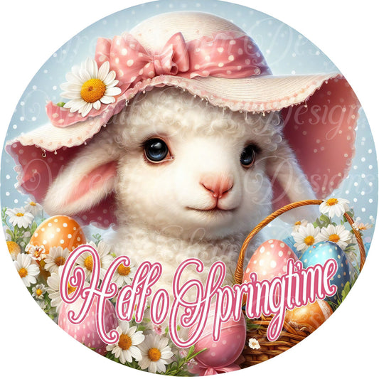 It&#39;s all about the lamb, Easter Lamb round metal wreath sign, Easter eggs, Flowers, Lamb, wreath sign, center, attachment, plaque