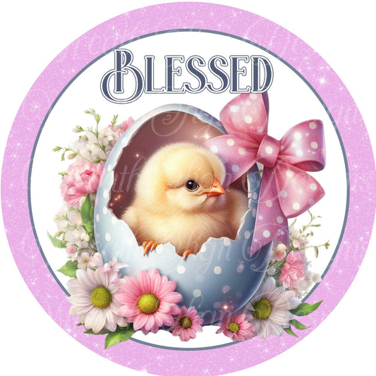 Round metal wreath sign, Easter, Baby Chick, blessed spring wreath  sign, center, attachment, plaque