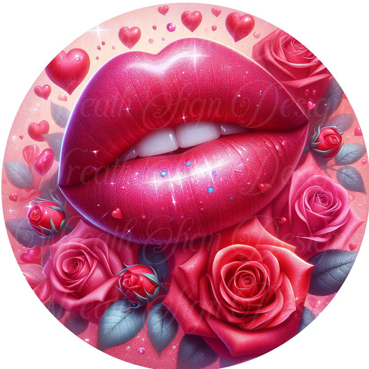 Valentine&#39;s Day Kiss Me pink lips round metal wreath sign, Love, Hearts,  Wreath center, attachment, Plaque,