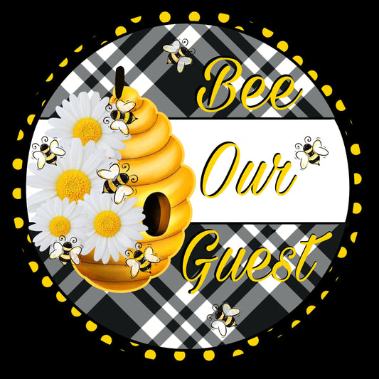 Bee our guest, Bumble bee honeycomb round metal wreath sign, Black and yellow Sign, Wreath center, attachment, Plaque
