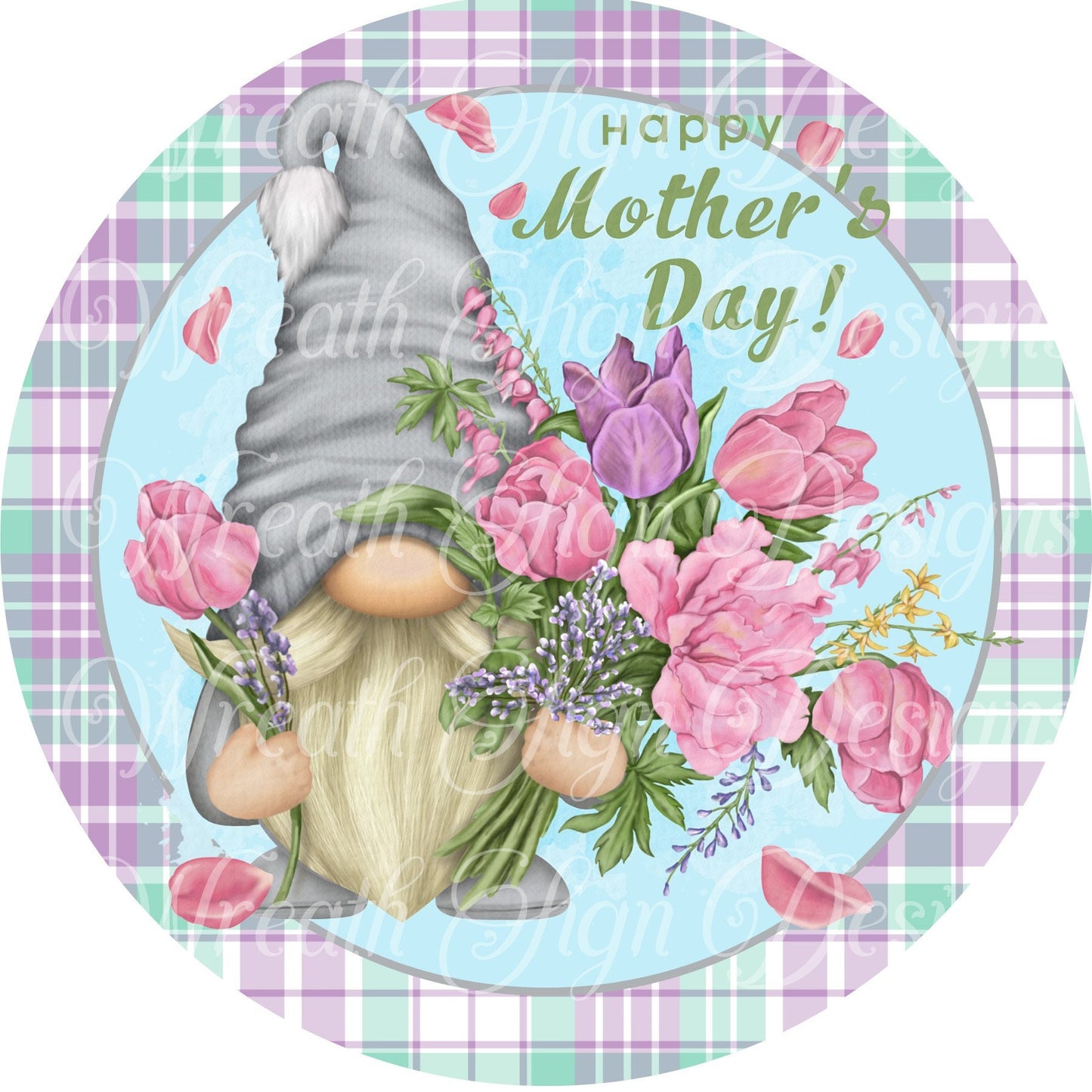 Mother&#39;s day Gnome Sign, Happy Mother&#39;s Day Floral wreath sign. MOM  Lavender wreath center attachment plaque