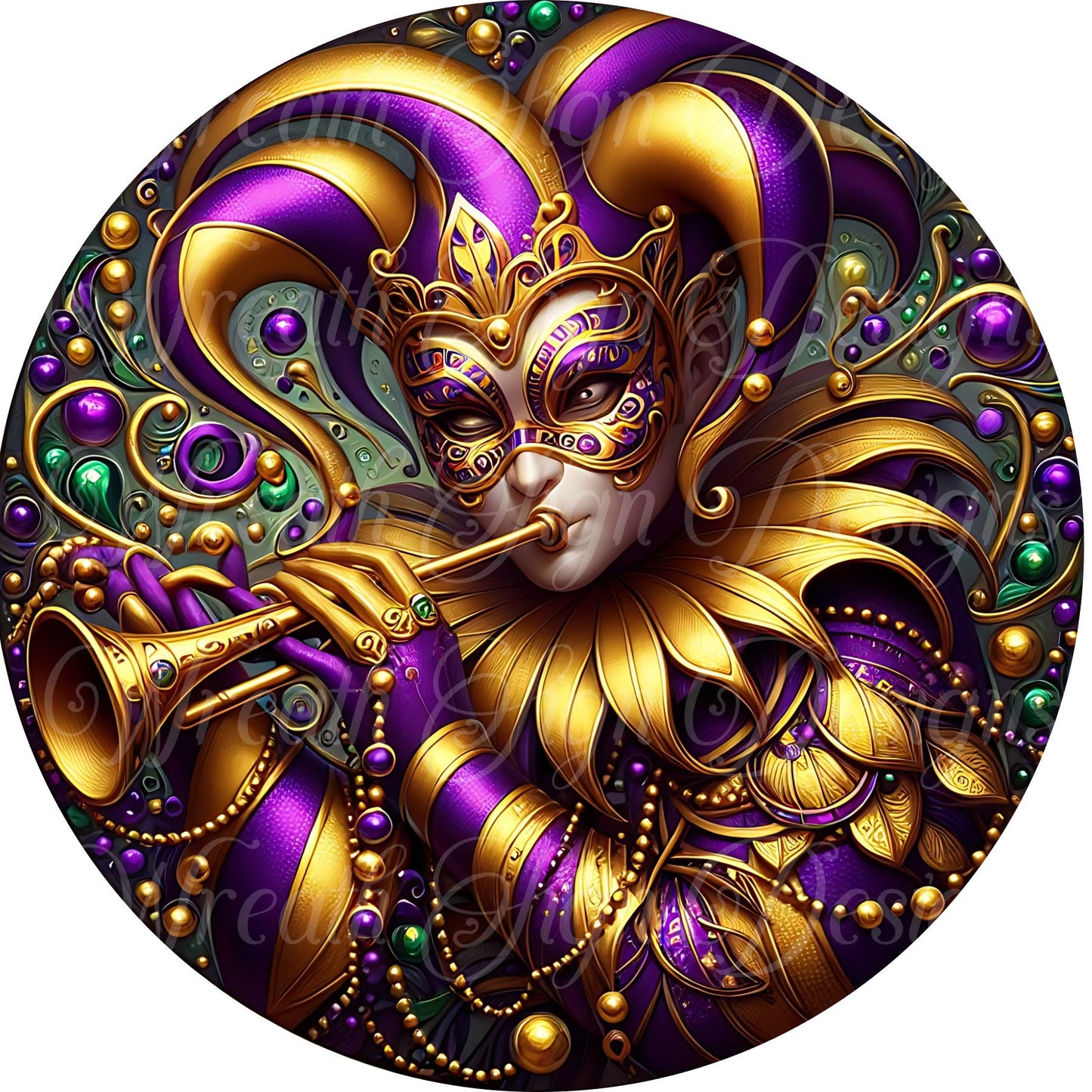 Mardi Gras jester round metal wreath sign, Carnival.  Fat Tuesday celebration sign, Louisiana wreath sign, wreath center, attachment