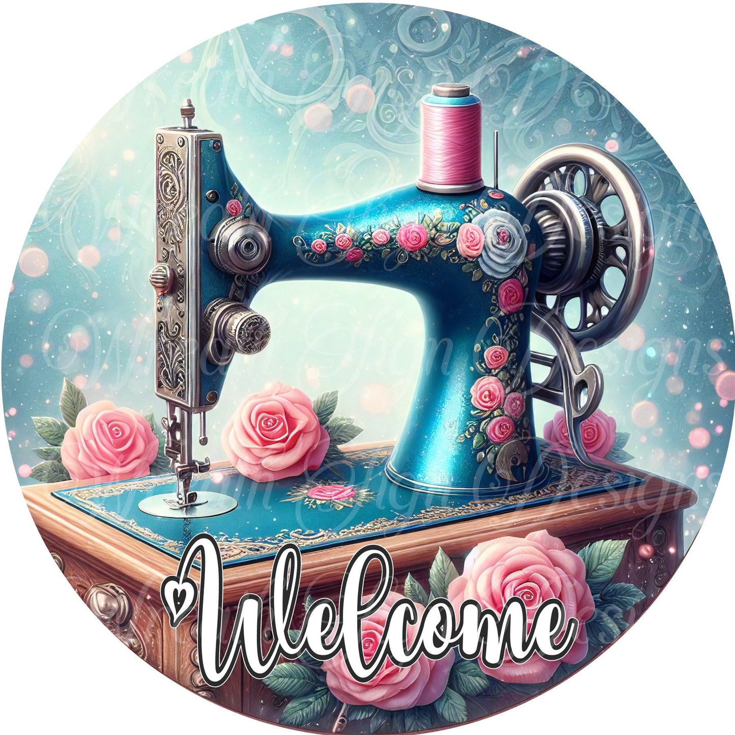 Welcome to the Sewing Room round metal wreath sign, Seamstress sign, sewer sign, sewing machine and needle, wreath center, wreath attachment