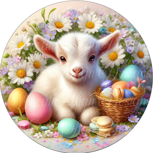 Easter Goat round metal wreath sign, Easter eggs, Flowers, Goat, wreath sign, center, attachment, plaque