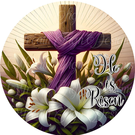 He is Risen purple Easter metal wreath sign, Round sign, Wreath attachment, Wreath center