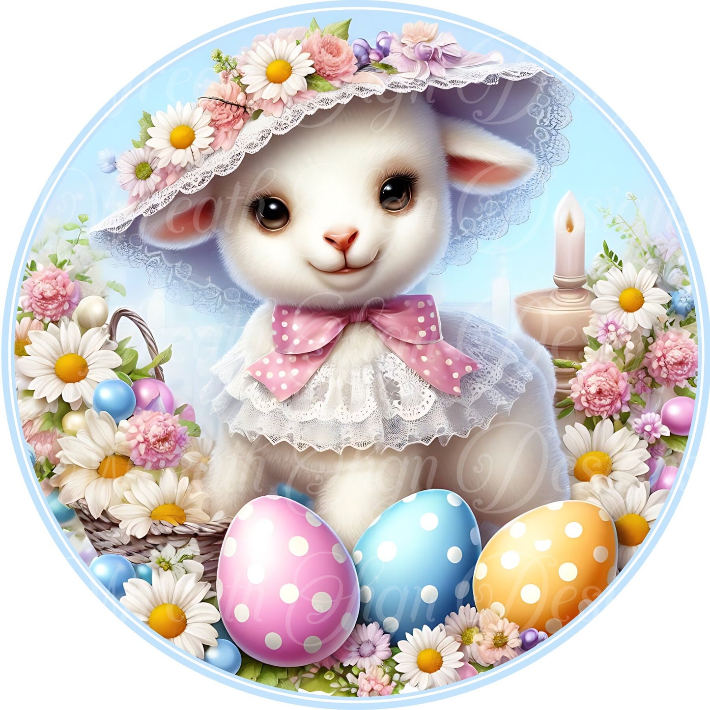 Easter Lamb round metal wreath sign, Easter eggs, Flowers, Lamb, wreath sign, center, attachment, plaque