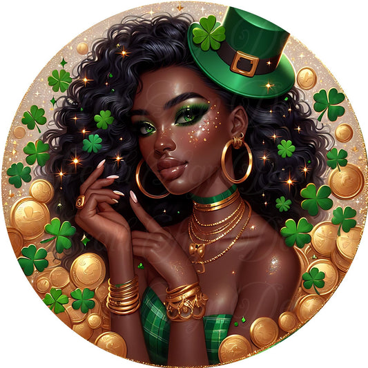 St. Patrick&#39;s Day, African American, Black Melanin, Black Diva, Shamrock Wreath sign, center, attachment, plaque