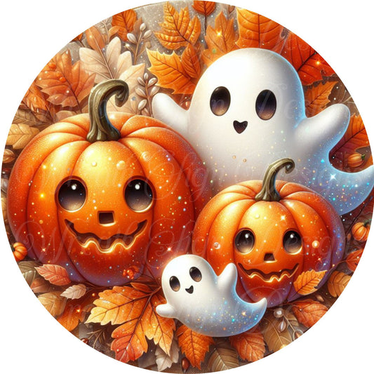 Whimsical Halloween Ghost and Jack-o-lanterns, Fall Ghost and pumpkin round metal wreath sign