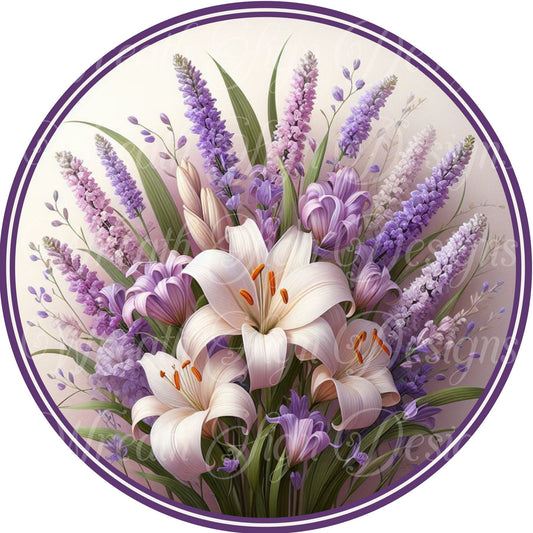 Easter Lilly round metal wreath sign, Lavender floral sign. Springtime flowers wreath sign, wreath center , attachment