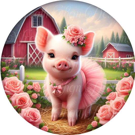 cute pig wearing a tutu sign, pink farmhouse wreath sign, Welcome metal wreath sign, Round sign,  attachment Wreath center, tiered tray sign