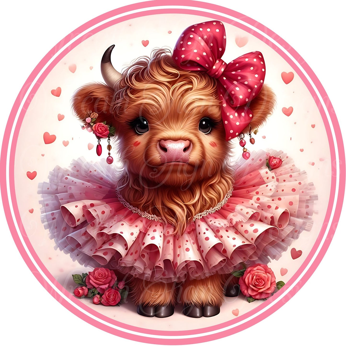 Highland cow in a pink tutu, Valentine&#39;s Day metal wreath sign, Highland cow and Roses wreath attachment, Center,