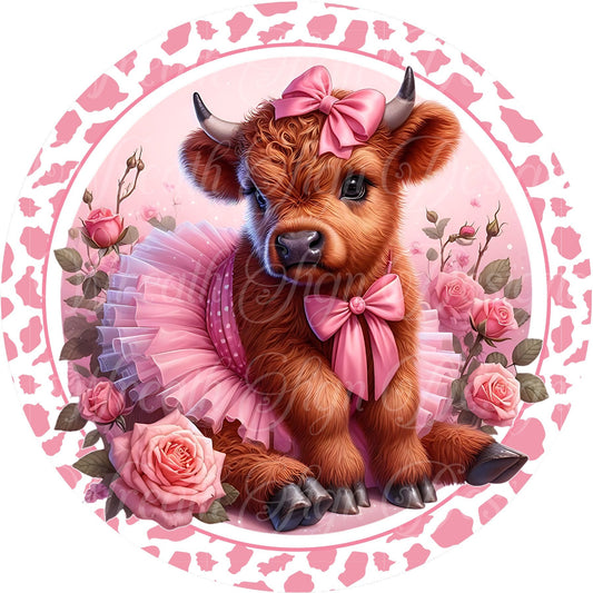 Highland cow in a pink tutu round metal wreath sign, Valentine&#39;s Day cow sign, wreath center, wreath attachment