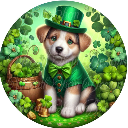 St. Patrick&#39;s Day Dog Leprechaun Wreath sign,  St. Patrick&#39;s Day Shamrock round metal sign,  4 leaf clover sign, wreath attachment,