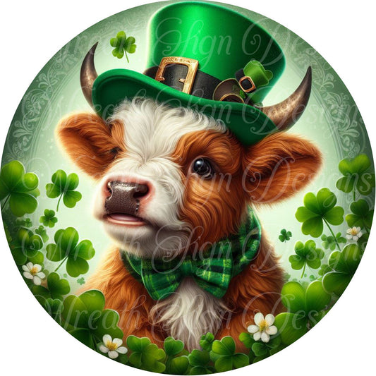 St. Patricks Day Highland cow Leprechaun Wreath sign,  St. Patricks Day Shamrock round metal sign,  4 leaf clover sign, wreath attachment,