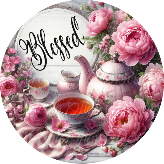 Mother&#39;s day sign, springtime tea party sign, Peonies, teacup, pink wreath sign, center, attachment, plaque