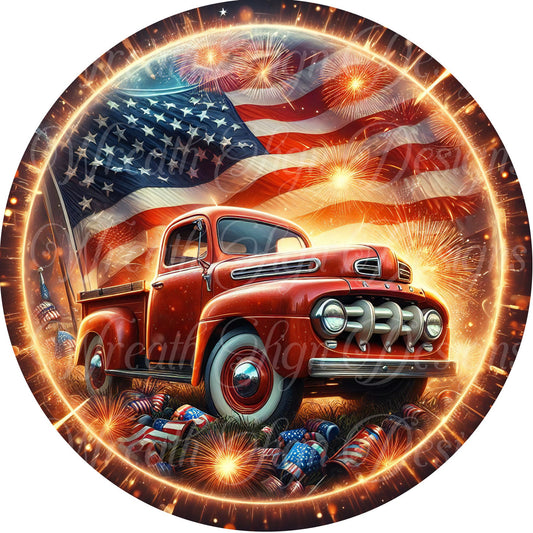 Patriotic, Americana Old Red Truck round metal sign, Independence Day patriotic round sign, wreath sign, wreath center, wreath