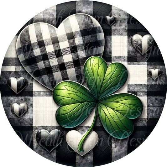 Buffalo check St. Patrick&#39;s Day shamrock and hearts wreath sign,  St. Patrick&#39;s Day Shamrock round metal sign,  4 leaf clover sign,