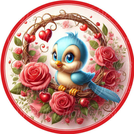 Valentine&#39;s Day Blue Bird wreath sign, Love hearts roses, Round metal wreath sign. center, attachment, plaque