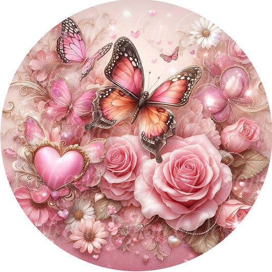 Pink monarch butterfly and roses round metal sign, rustic vintage looking wreath sign, wreath center, wreath attachment, Wreath sign