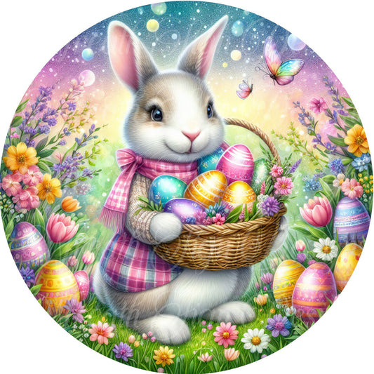 Rainbow Easter Rabbit, Easter Bunny, Spring, Easter Eggs and Flowers, Round metal sublimated wreath sign