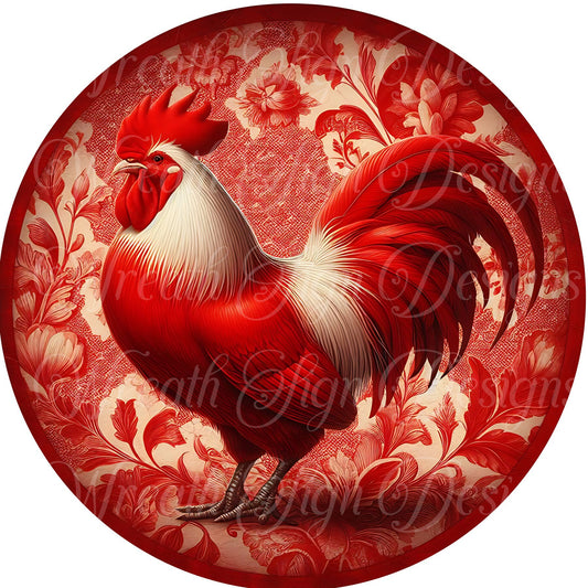 round sublimated metal wreath sign, red toile rooster sign, chicken wreath center, farmhouse sign