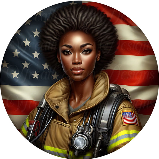 Black Woman Melanin  fire fighter metal wreath sign, Patriotic American Flag Round sign,  attachment Wreath center,