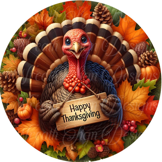 Round metal sign, Happy Thanksgiving Fall Turkey wreath sign