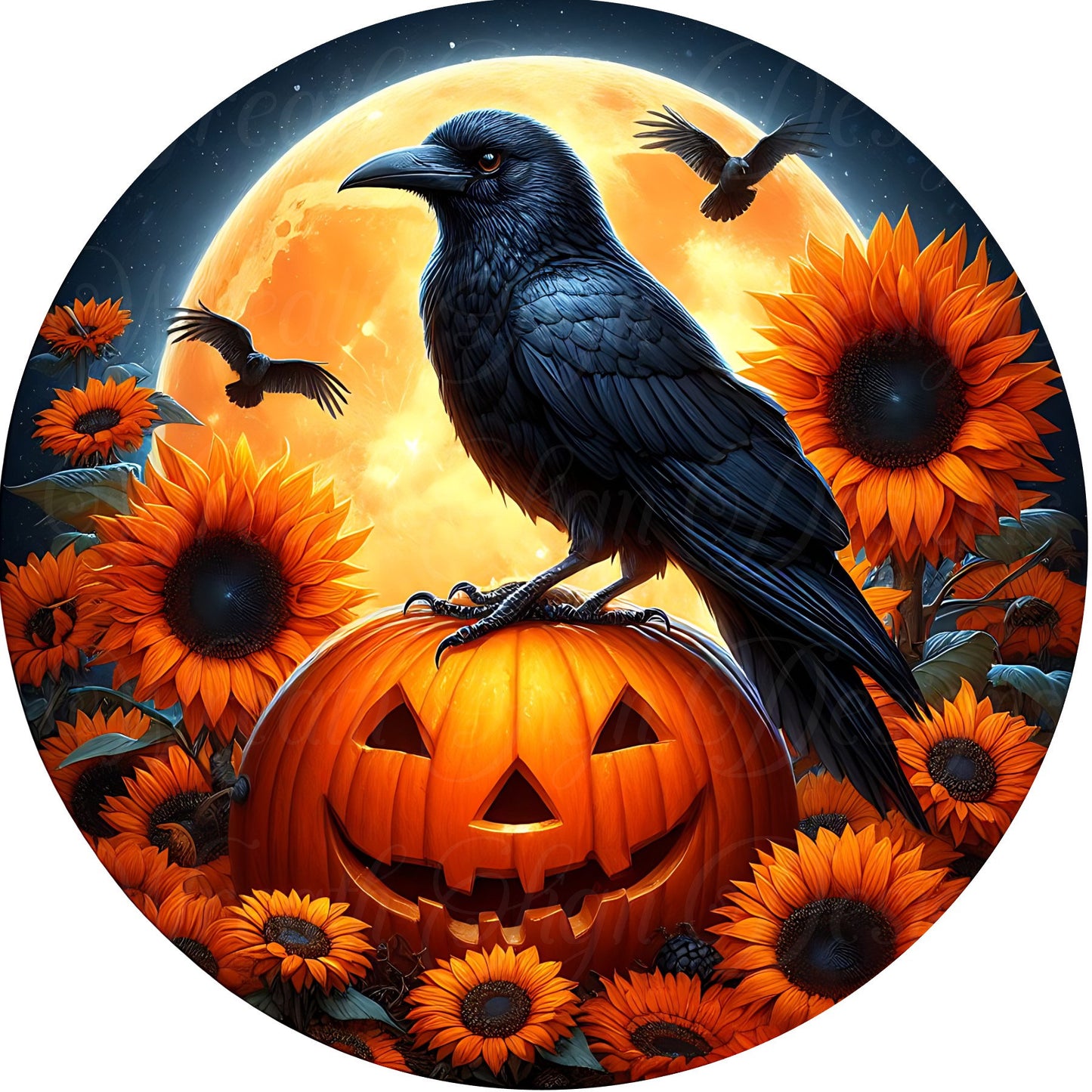 Crow fall round metal sign, sunflowers, Jack-o-lantern, pumpkins, wreath sign, wreath center, wreath attachment, fall decor