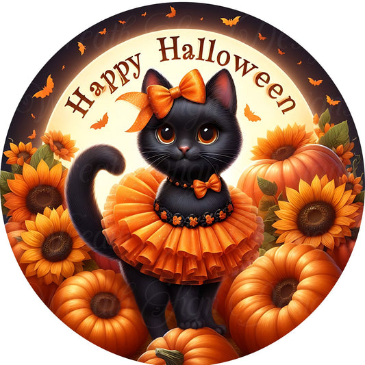 Wreath sign, Round metal sign, black cat sitting on a pumpkin, Fall sign, Halloween sign