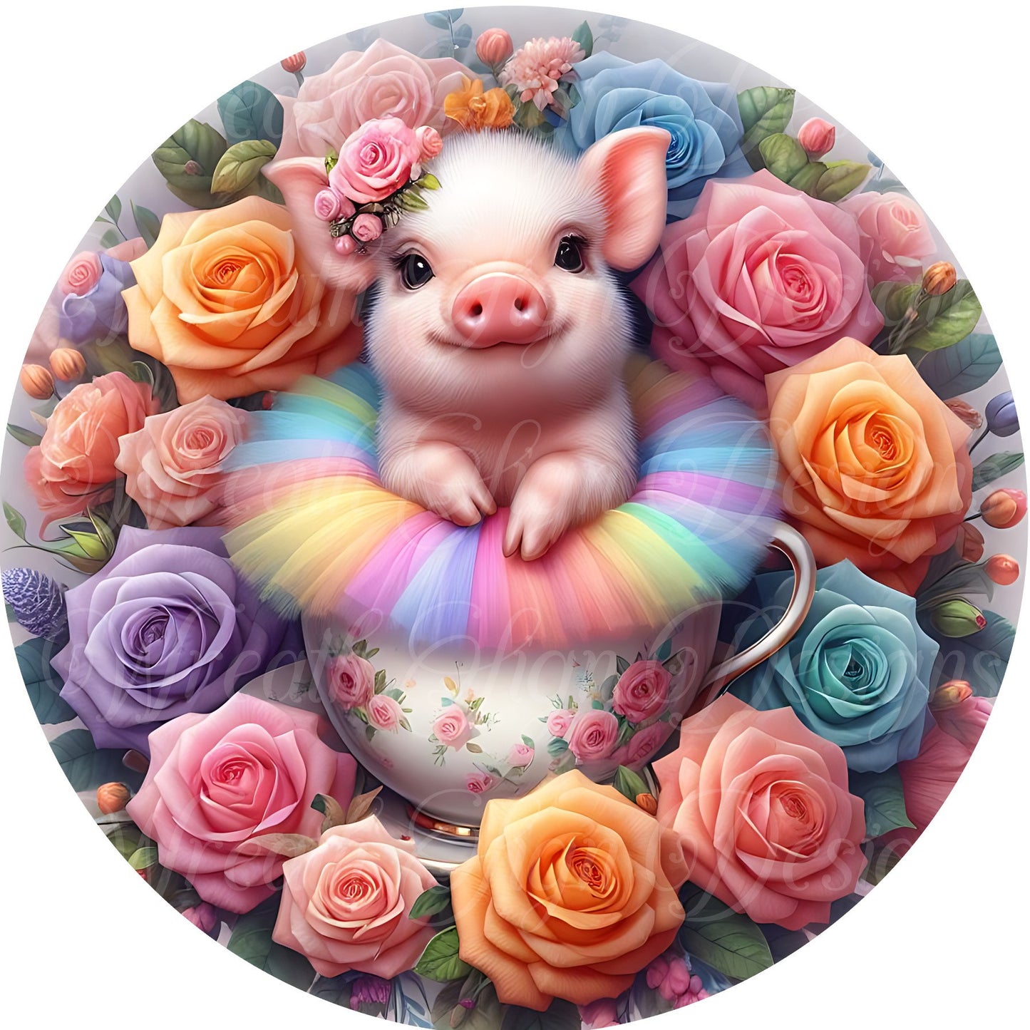 Pig in teacup sign for wreath, Piglet in tutu, rainbow roses door sign, metal wreath sign, Round sign,  attachment Wreath center,