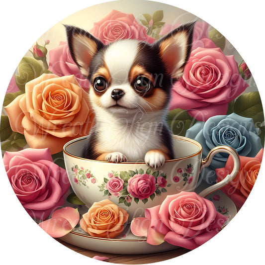 welcome dog sign, floral tea cup chihuahuas sign, welcome  metal sign  Round sign, Wreath attachment, Wreath center,