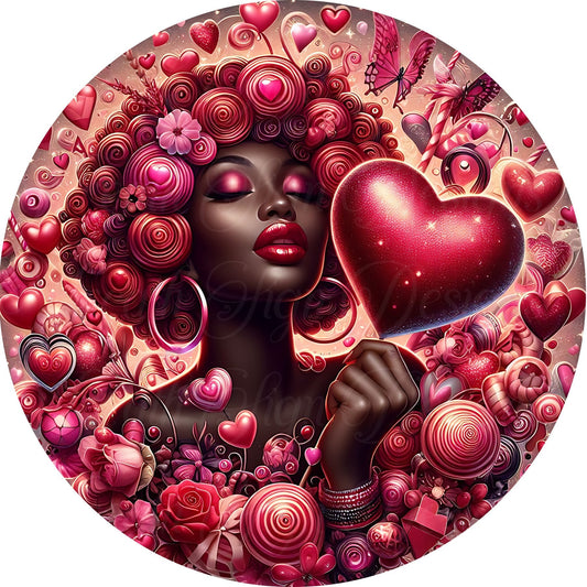 Valentine&#39;s Day Diva Queen round metal wreath sign, Proud Black Woman, wreath attachment, wreath center, hearts flowers love