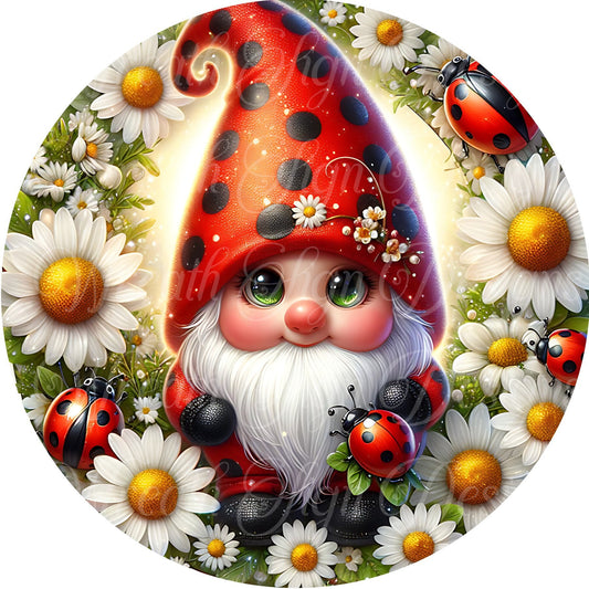 Ladybug Gnome Round metal wreath sign, Wreath Center, Wreath attachment, Door Hanger,  gnome circle sign,