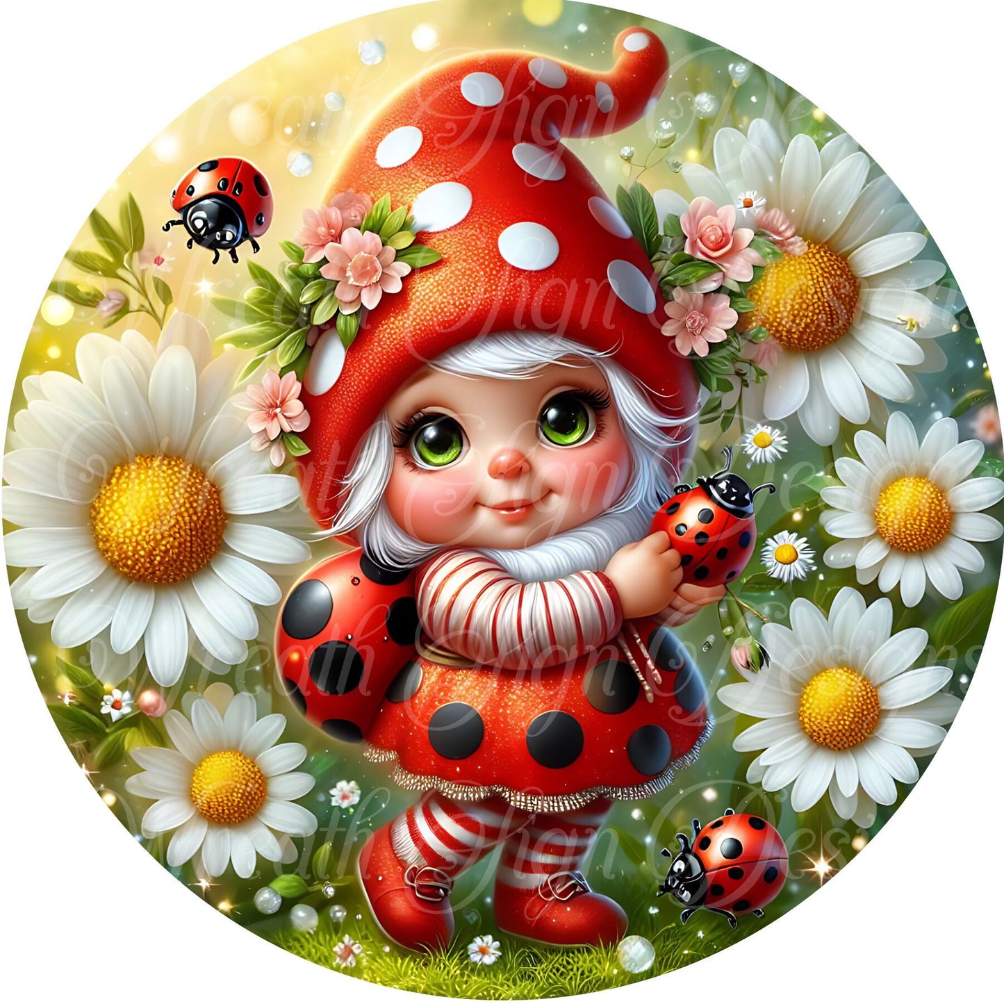 Ladybug Gnome Round metal wreath sign, Wreath Center, Wreath attachment, Door Hanger,  gnome circle sign,