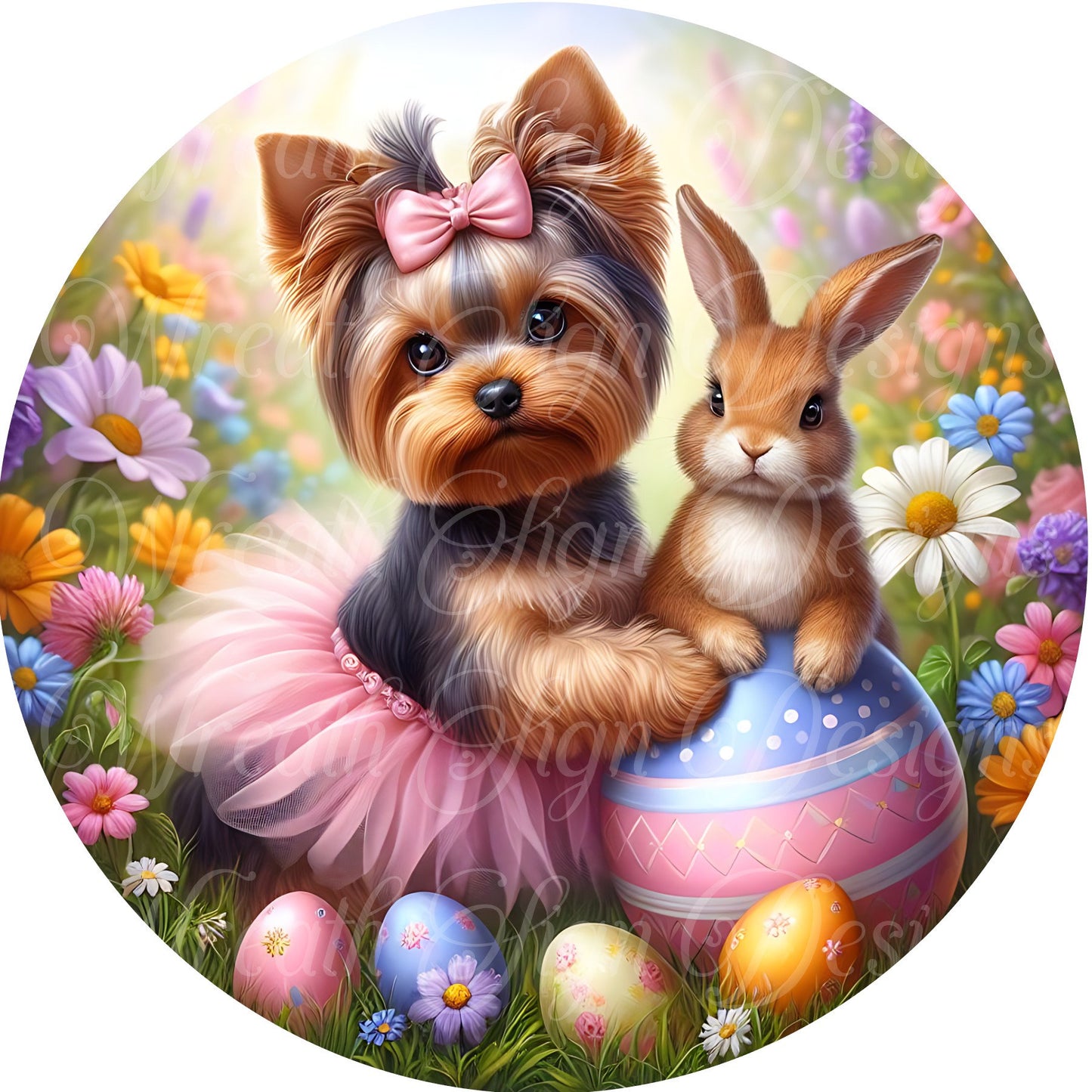 Easter sign for wreath, Yorkie dog wearing a tutu metal sign  spring time summer time Round sign, Wreath attachment, Wreath center,