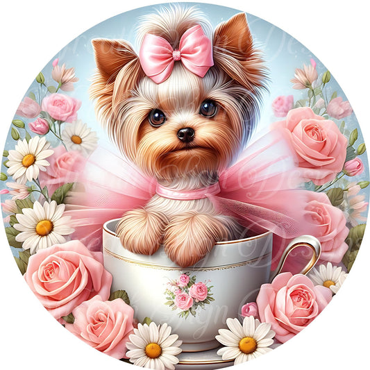 Yorkie dog in a tea cup sign for wreath, Yorkie dog wearing a tutu metal sign  spring time Round sign, Wreath attachment, Wreath center,