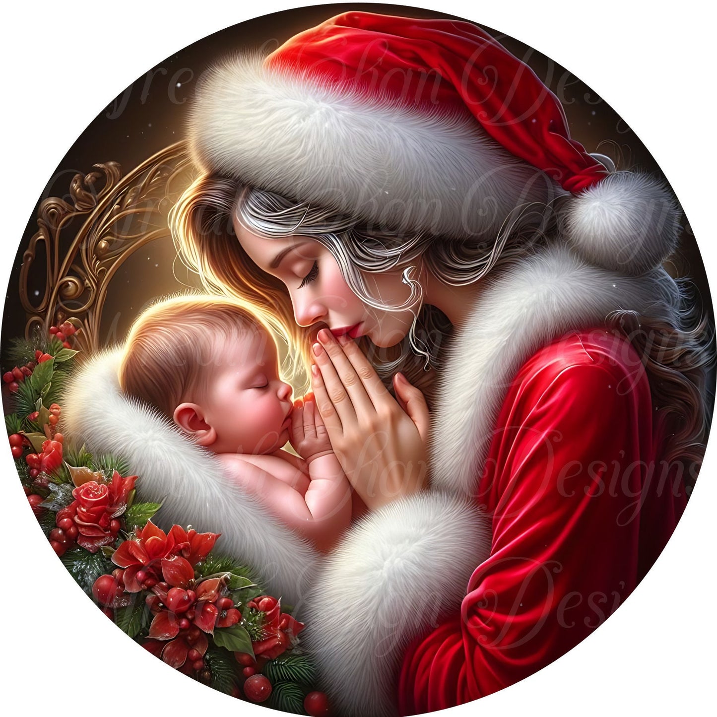 round metal sublimation wreath sign, Merry Christmas, Mrs. Santa, St, Nick, Kris Kringle Praying over the baby Jesus