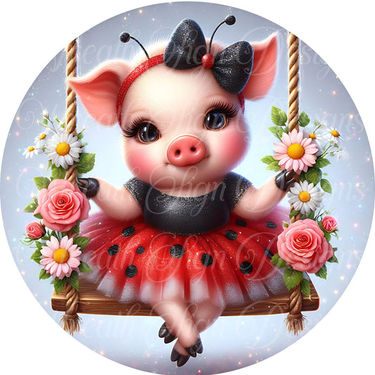 cute pig dressed as a ladybug farmhouse wreath sign, Welcome metal wreath sign, Round sign,  attachment Wreath center, tiered tray sign