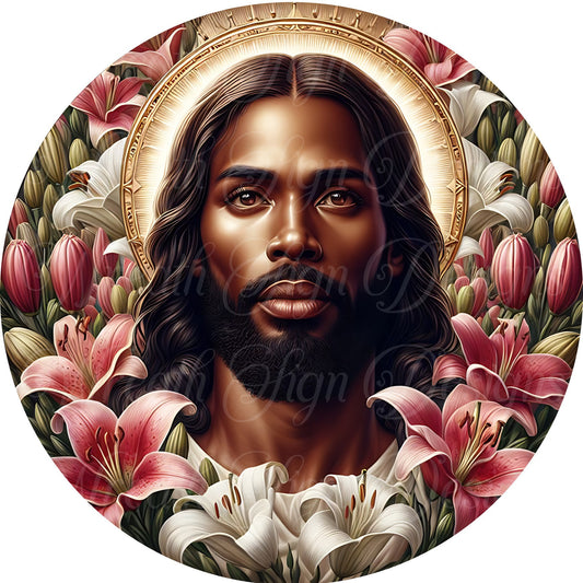 Black, African American, Melanin Jesus metal wreath sign, Round sign, Wreath attachment, Wreath center, Easter Jesus Sign