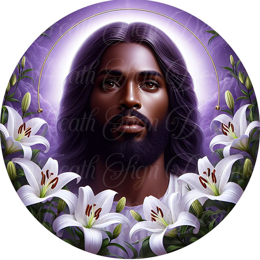 Black, African American, Melanin Jesus metal wreath sign, Round sign, Wreath attachment, Wreath center, Easter Jesus Sign