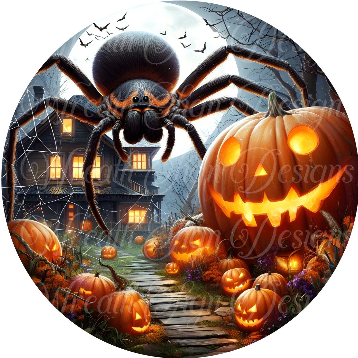 Halloween Round metal wreath sign, Spooky spider and Jack-o-lanterns, Pumpkin wreath sign Center, Attachment,