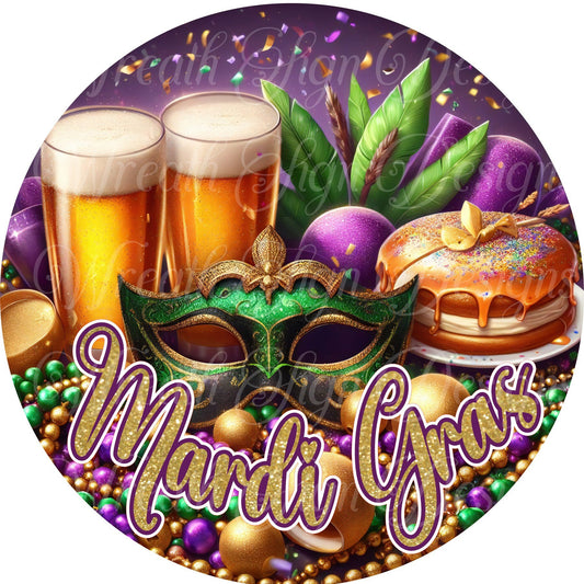 Mardi Gras King Cake, Fat Tuesday, Louisiana holiday, Mardi Gras beads round metal wreath sign, wreath center,