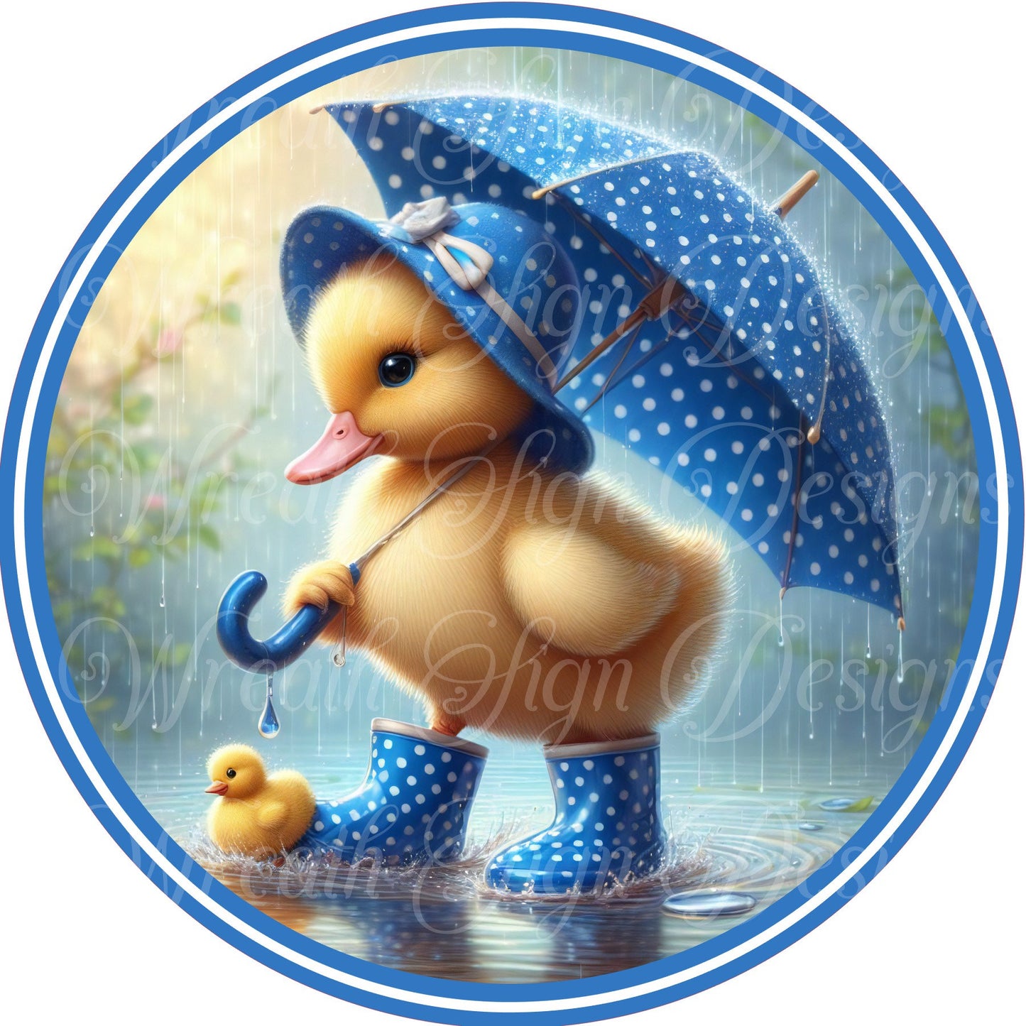 April Showers Duck in the rain,  blue Umbrella, Spring metal sign  Round sign, Wreath attachment, Wreath center,