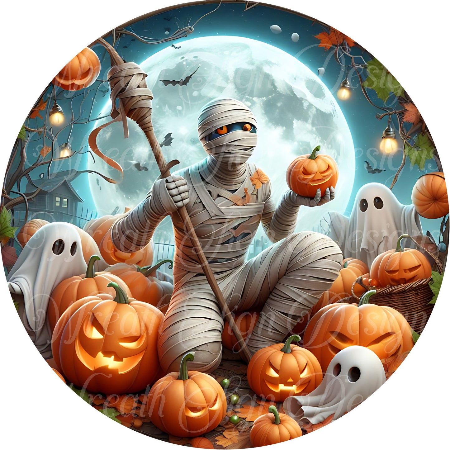 Mummy Halloween Round metal wreath sign, Center, Attachment. Halloween Sign for wreaths, Pumpkins. Ghosts, and Jack-o-lanterns