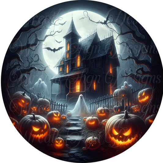 Haunted House Halloween Round metal wreath sign, Center, Attachment, Scary Halloween sublimated sign