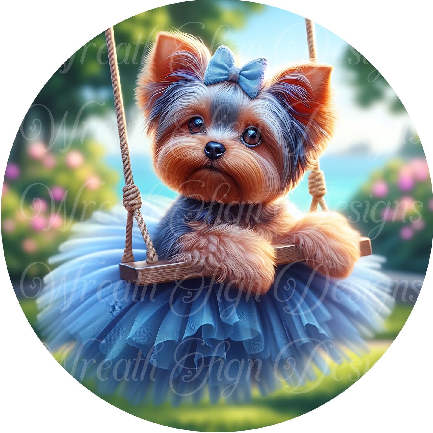 Easter sign for wreath, Yorkie dog wearing a tutu metal sign  spring time summer time Round sign, Wreath attachment, Wreath center,