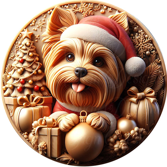 Faux 3D brown dog sign, Faux carved yorkie dog metal sign  Round sign, Wreath attachment, Wreath center,